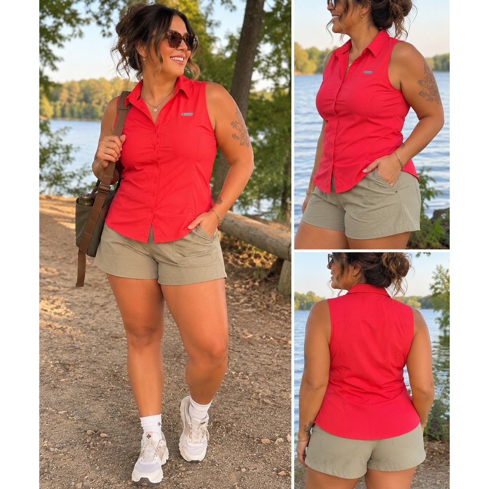 Columbia Womens Omni-Shade Sleeveless PFG Hiking Fishing Shirt Coral Pink Large